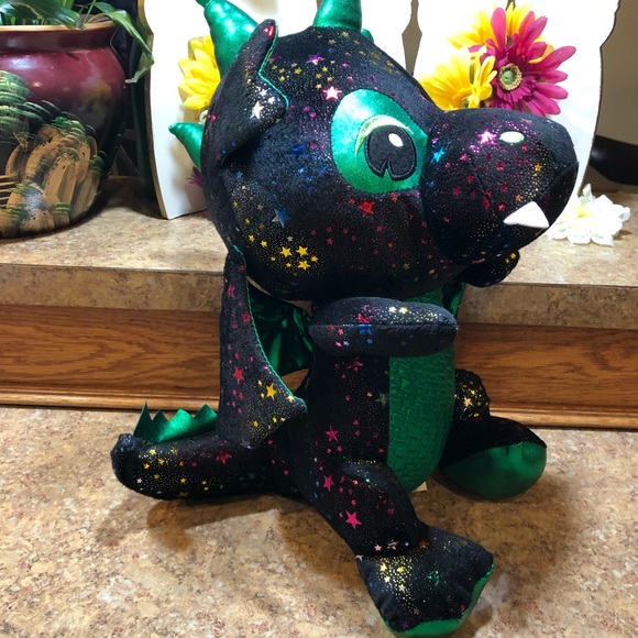 Toy Factory Plush Paradise 16" Black/Green Dragon w/Multicolor Metallic Stars - Picture 2 of 8
